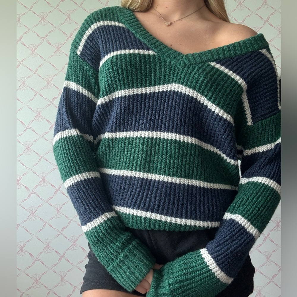 Striped Green and Blue V-Neck Sweater